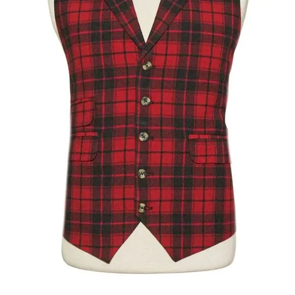 Mens Plaid Vest 46R Red Black Wool Waistcoat Preppy Wedding Party Formal Casual